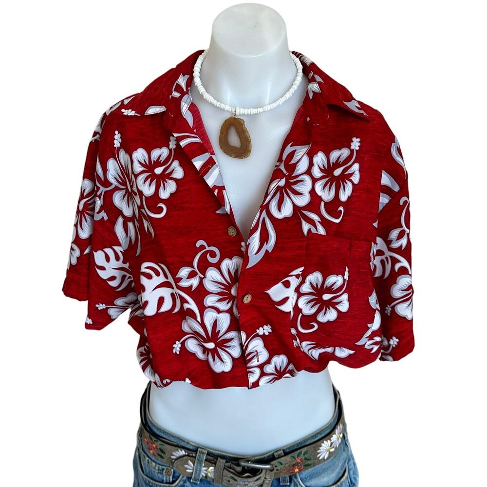 Hawaiian Shirt Button Down Crop Top One Size Boxy Coconutgirl Hibiscus Unique